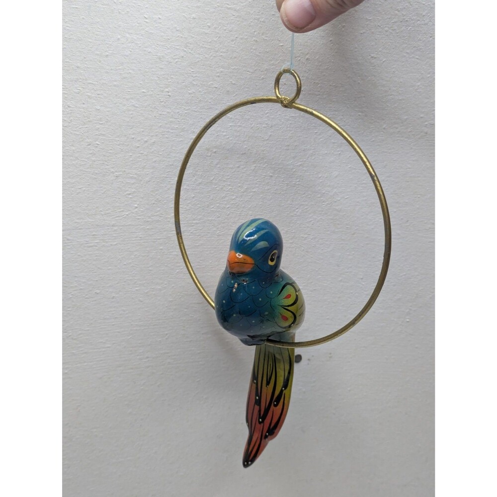 Mexico Parrot Tropical Bird Hanging Folk Art Vintage Metal Ring Boho Tiki